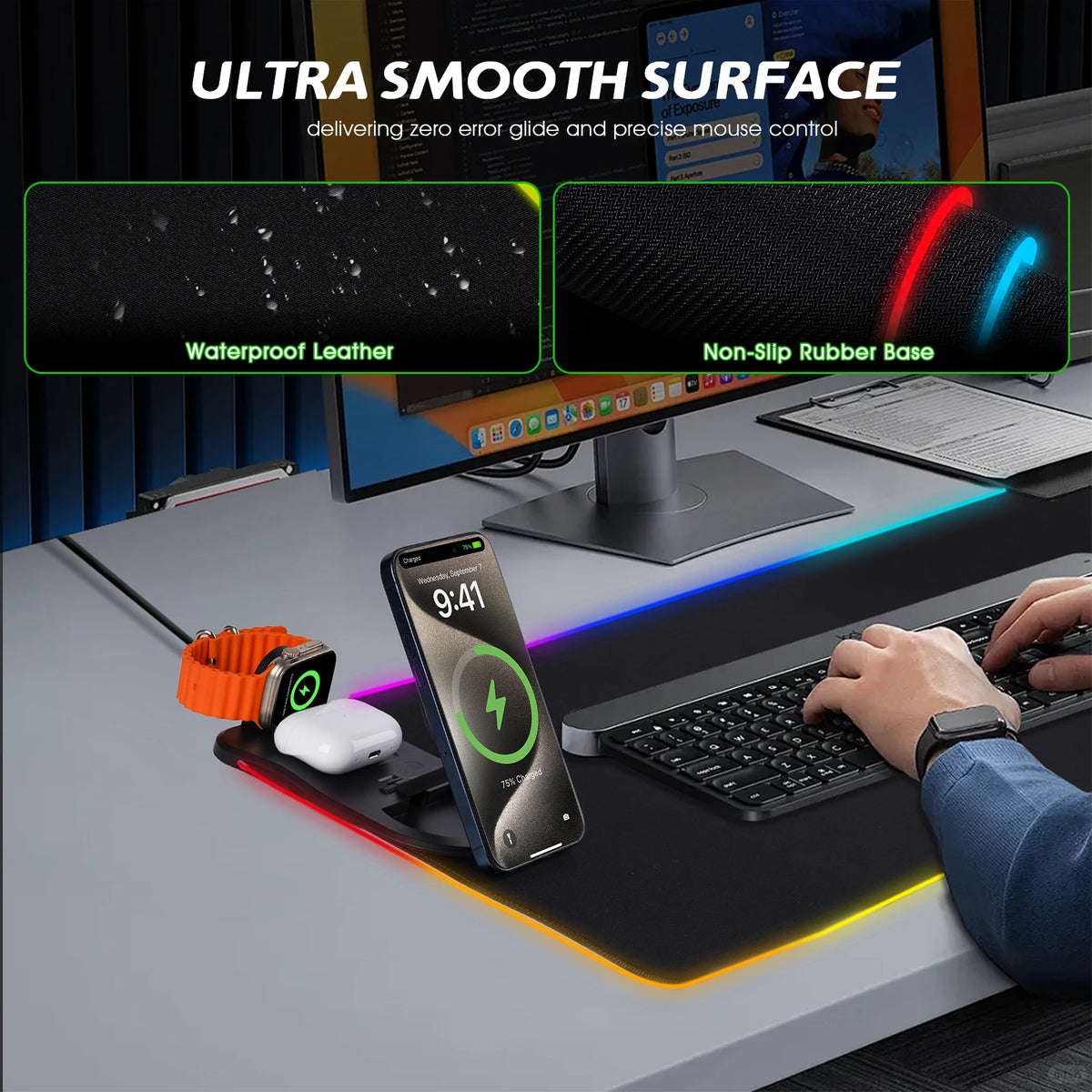 15W Wireless Charging Gaming Mouse Pad, 3-in-1 RGB
