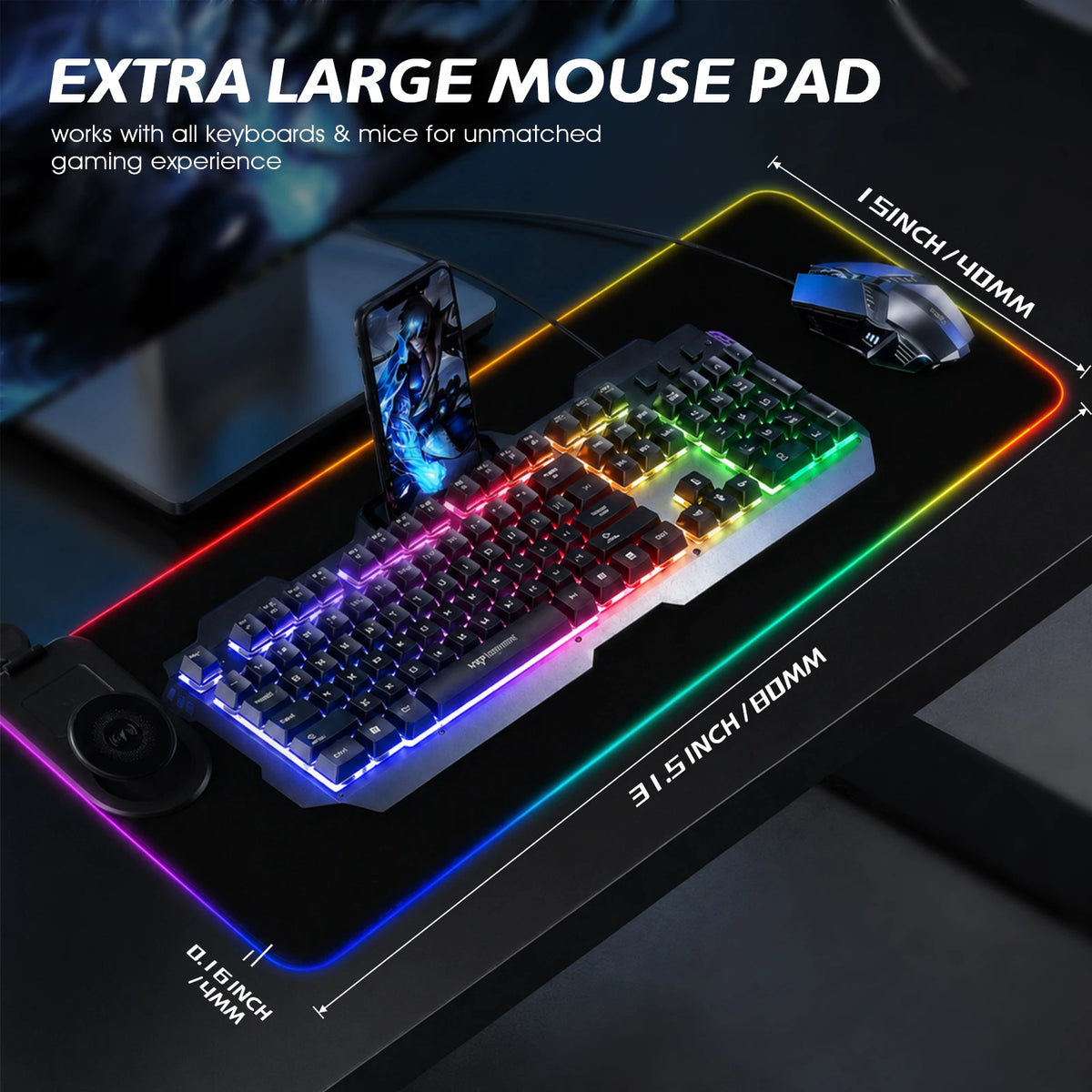 15W Wireless Charging Gaming Mouse Pad, 3-in-1 RGB