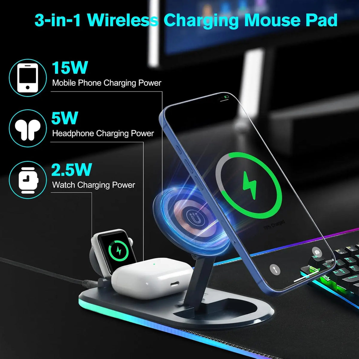 15W Wireless Charging Gaming Mouse Pad, 3-in-1 RGB