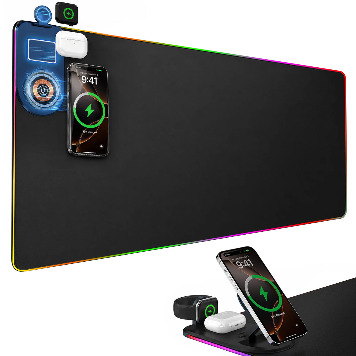 15W Wireless Charging Gaming Mouse Pad, 3-in-1 RGB