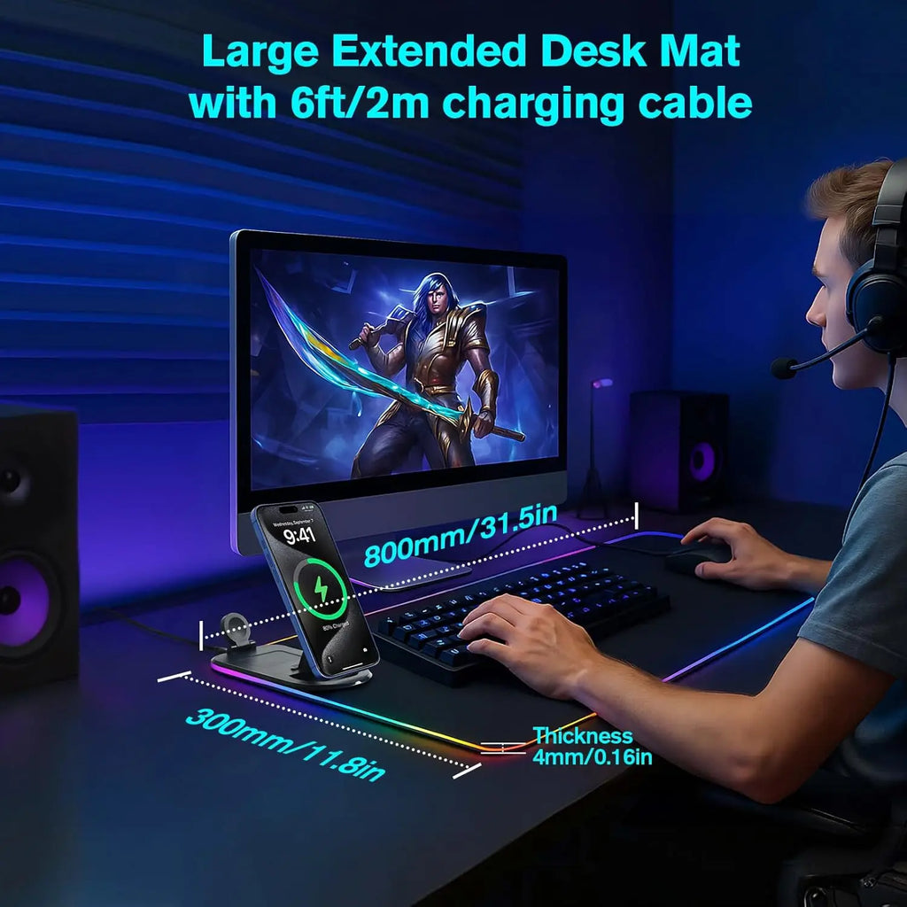 15W Wireless Charging Gaming Mouse Pad, 3-in-1 RGB