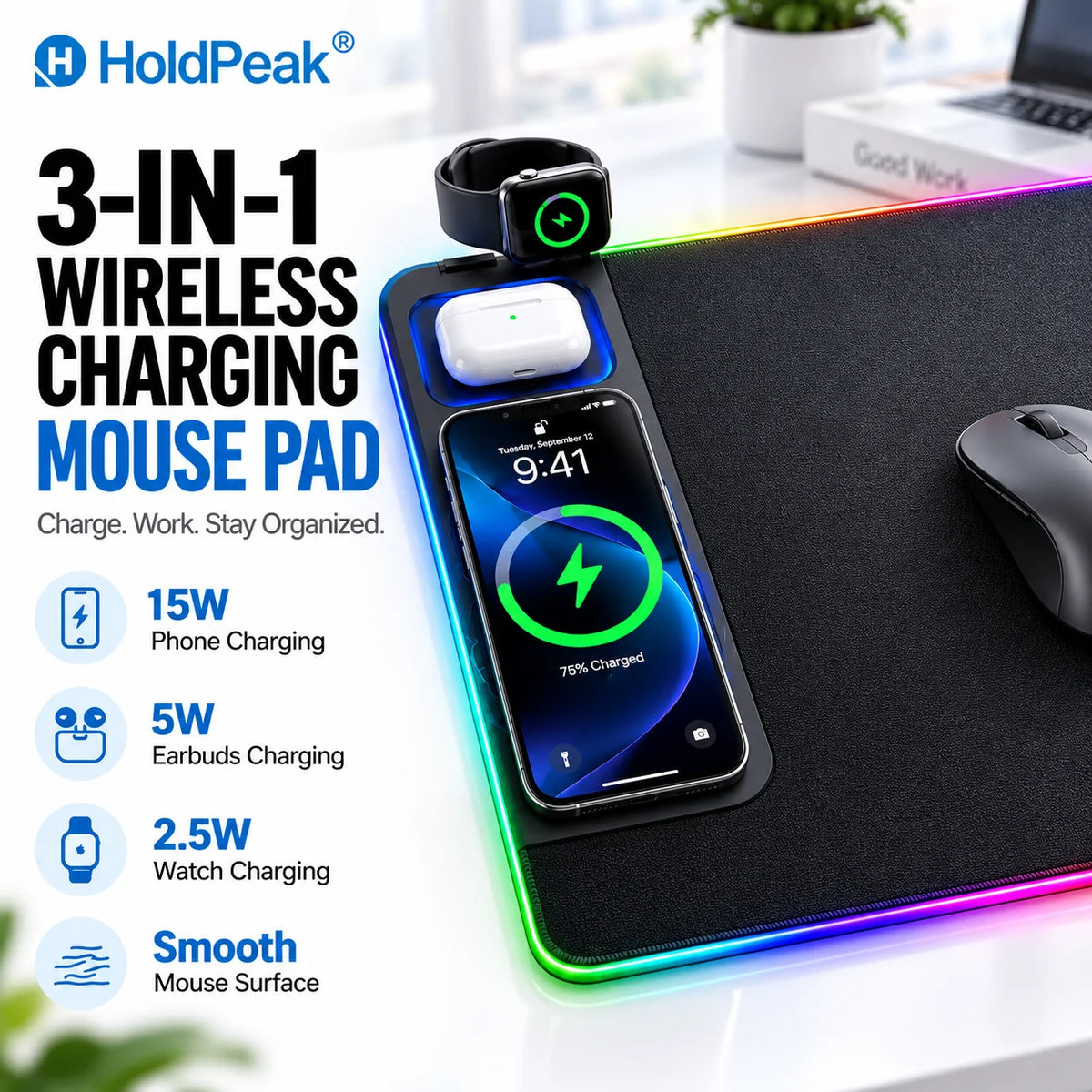 15W Wireless Charging Gaming Mouse Pad, 3-in-1 RGB