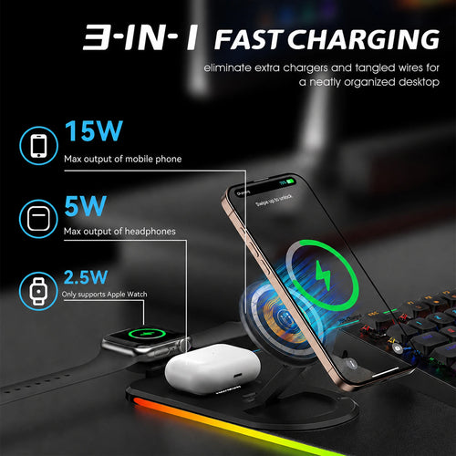 15W Wireless Charging Gaming Mouse Pad, 3-in-1 RGB